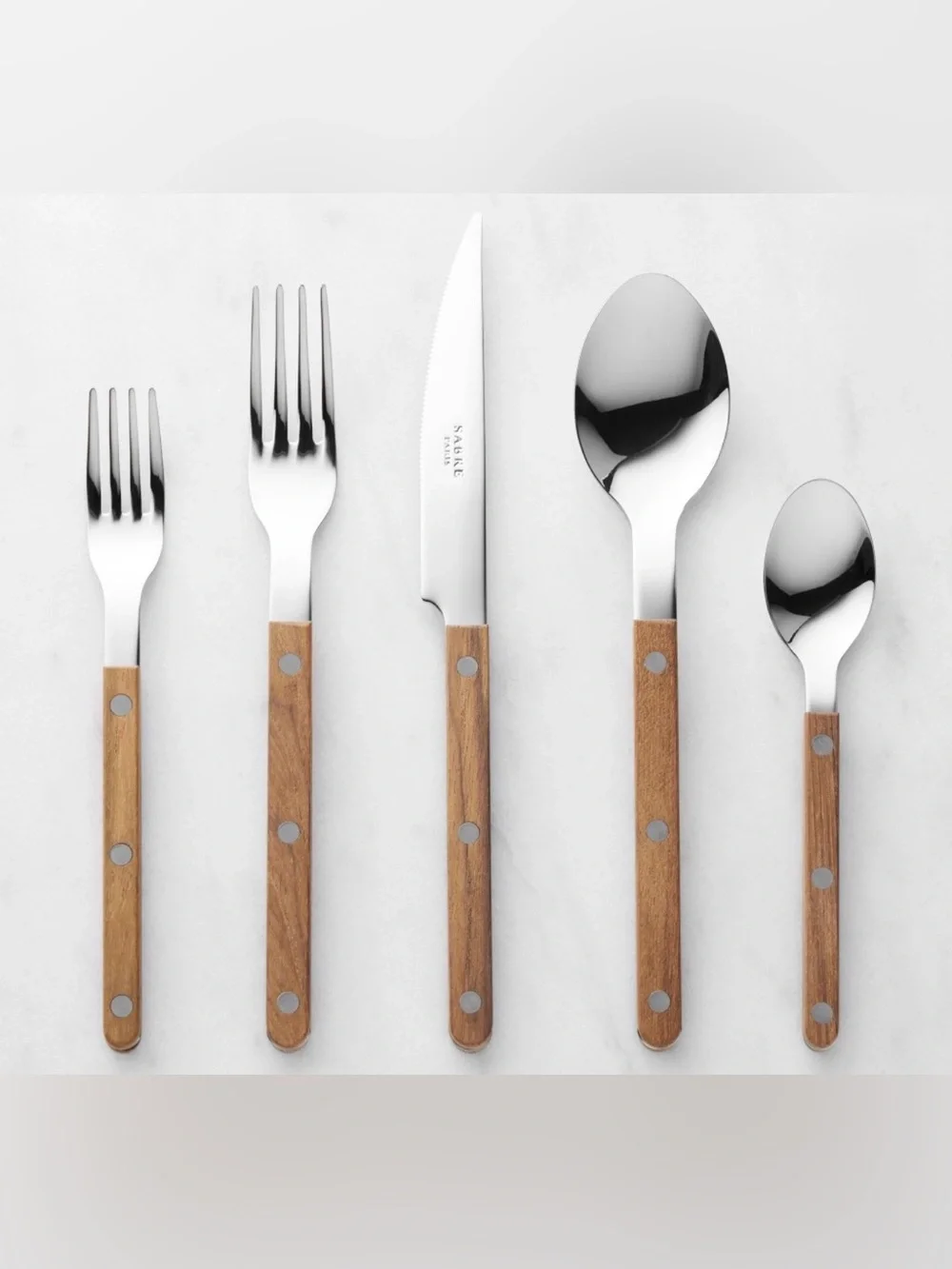 Sabre Paris Bistrot Teak Wood Flatware 20 pc Set, New in Open Boxes, Retail $479